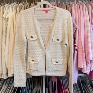 Lilly Pulitzer Cream Gold Metallic Kienna Cardigan with Pocket Details